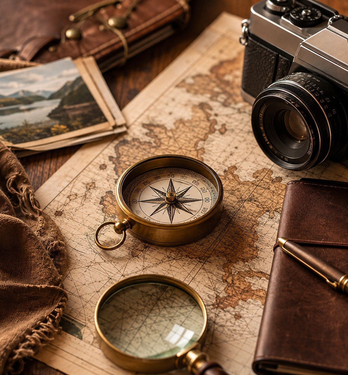 Camera and compass on a travel map